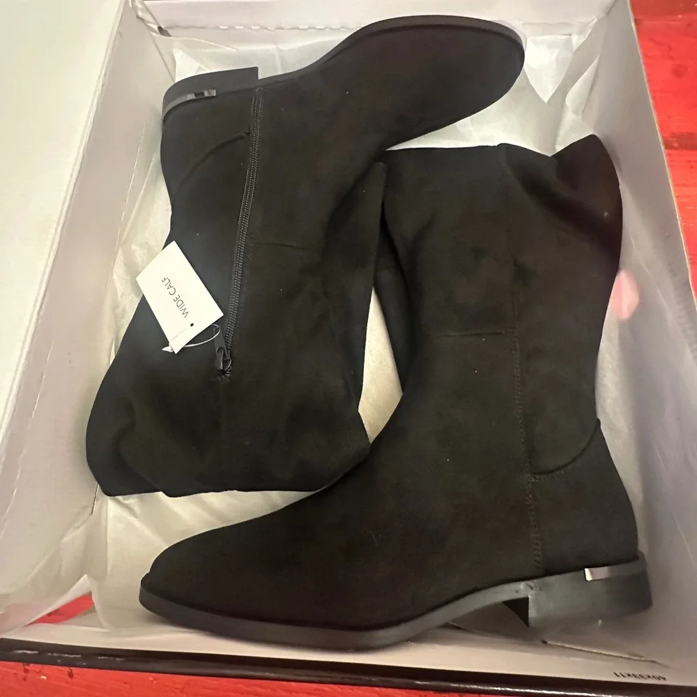 Nine West Allair2-WC Black Wide Calf Tall Boots Womens 9.5 Faux Suede Flat Heel